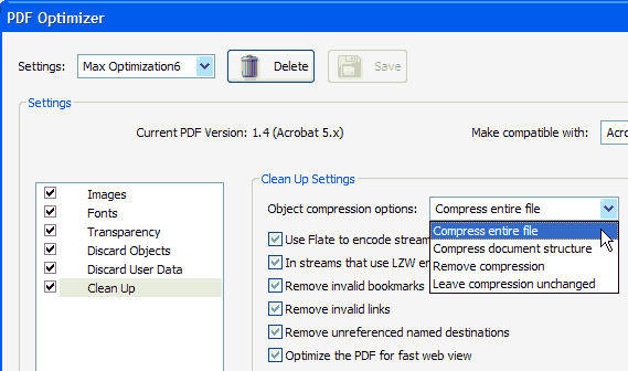 clean up settings dialog. cleanup settings dialog acrobat 8