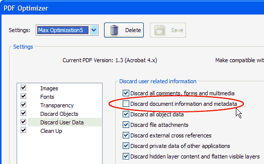 discard object settings dialog. discard user data settings dialog acrobat 8
