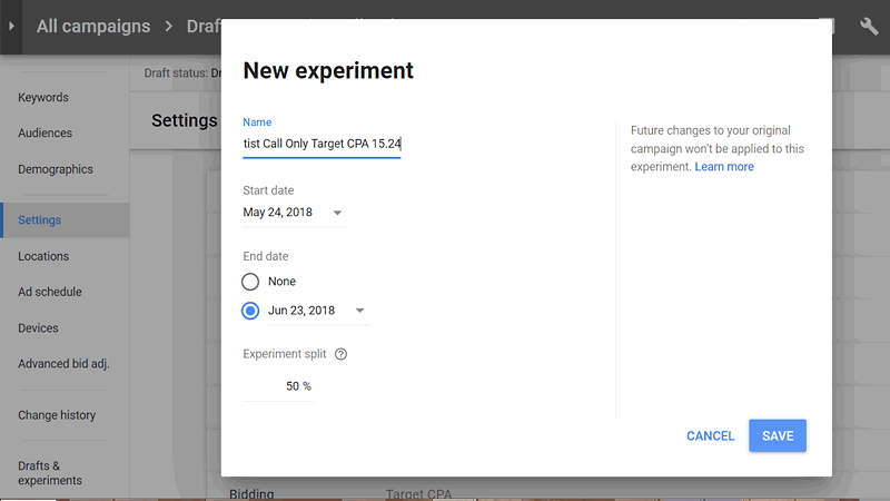 New Experiment Dialog 